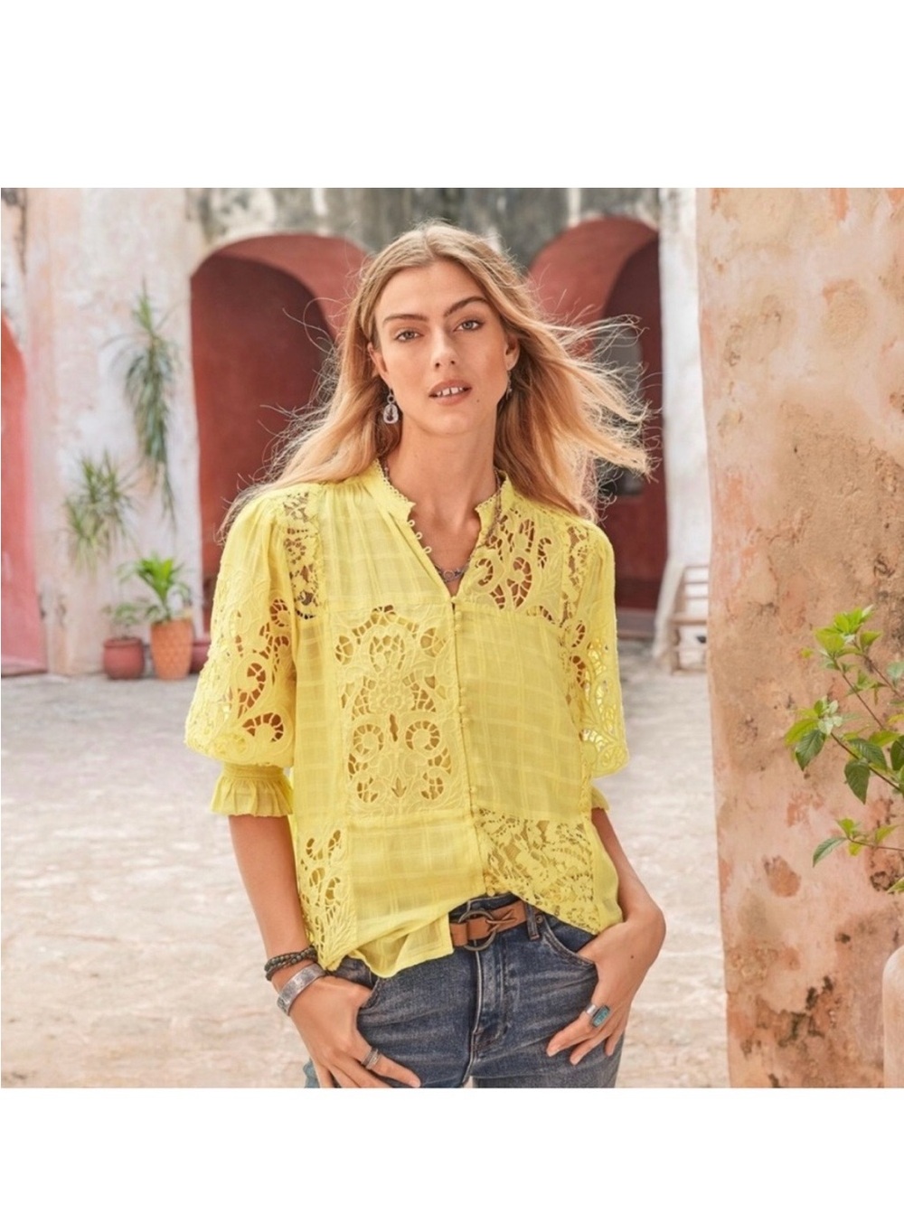 Sundance Women's Yellow Garbo Lace Crochet Button-Front Top